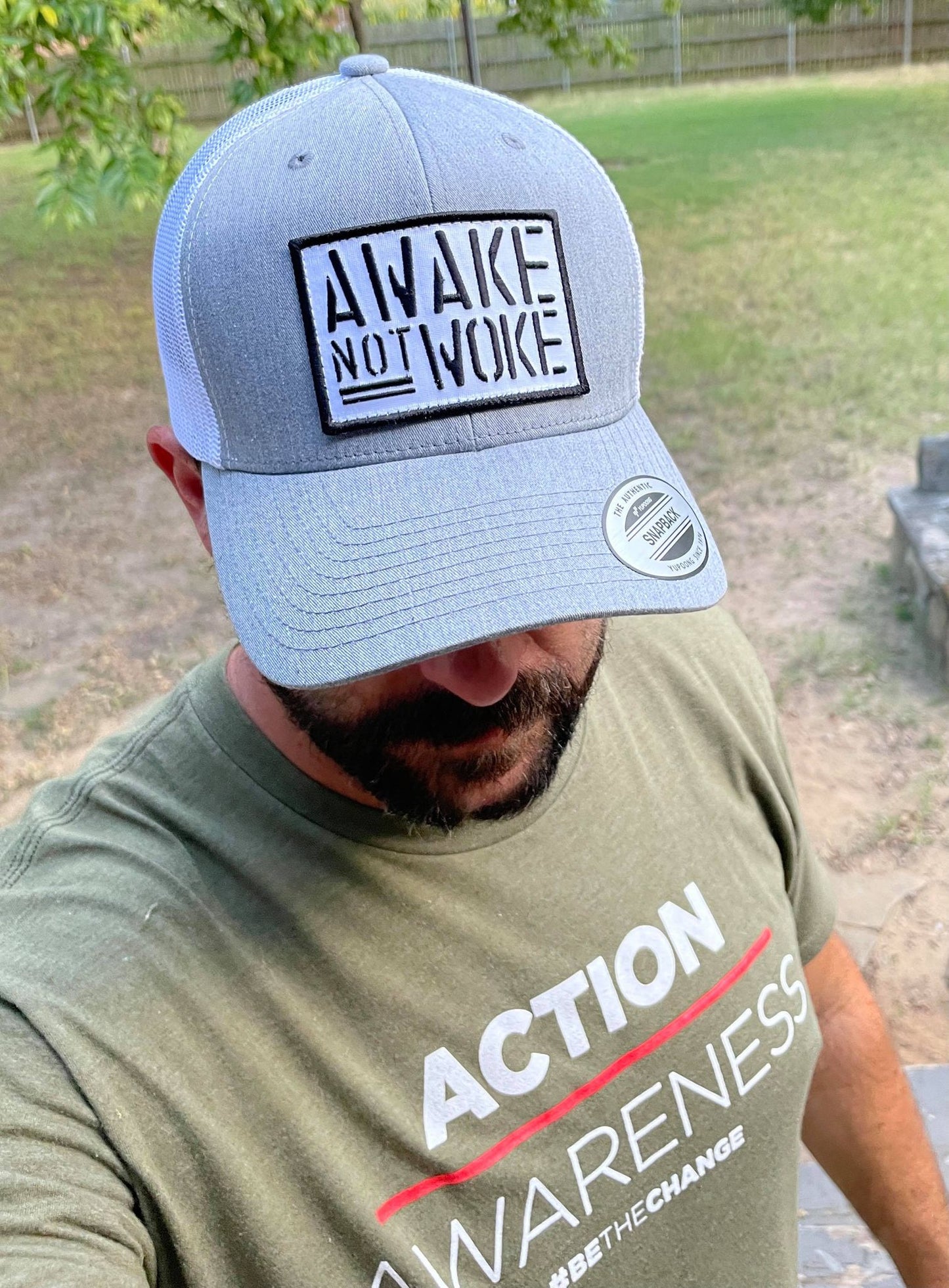 Awake Not Woke Trucker Hat (White/Grey)
