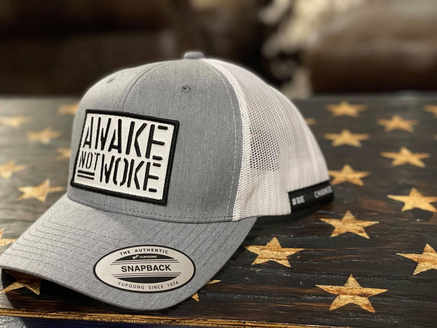 Awake Not Woke Trucker Hat (White/Grey)