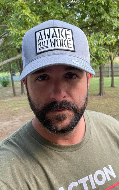 Awake Not Woke Trucker Hat (White/Grey)